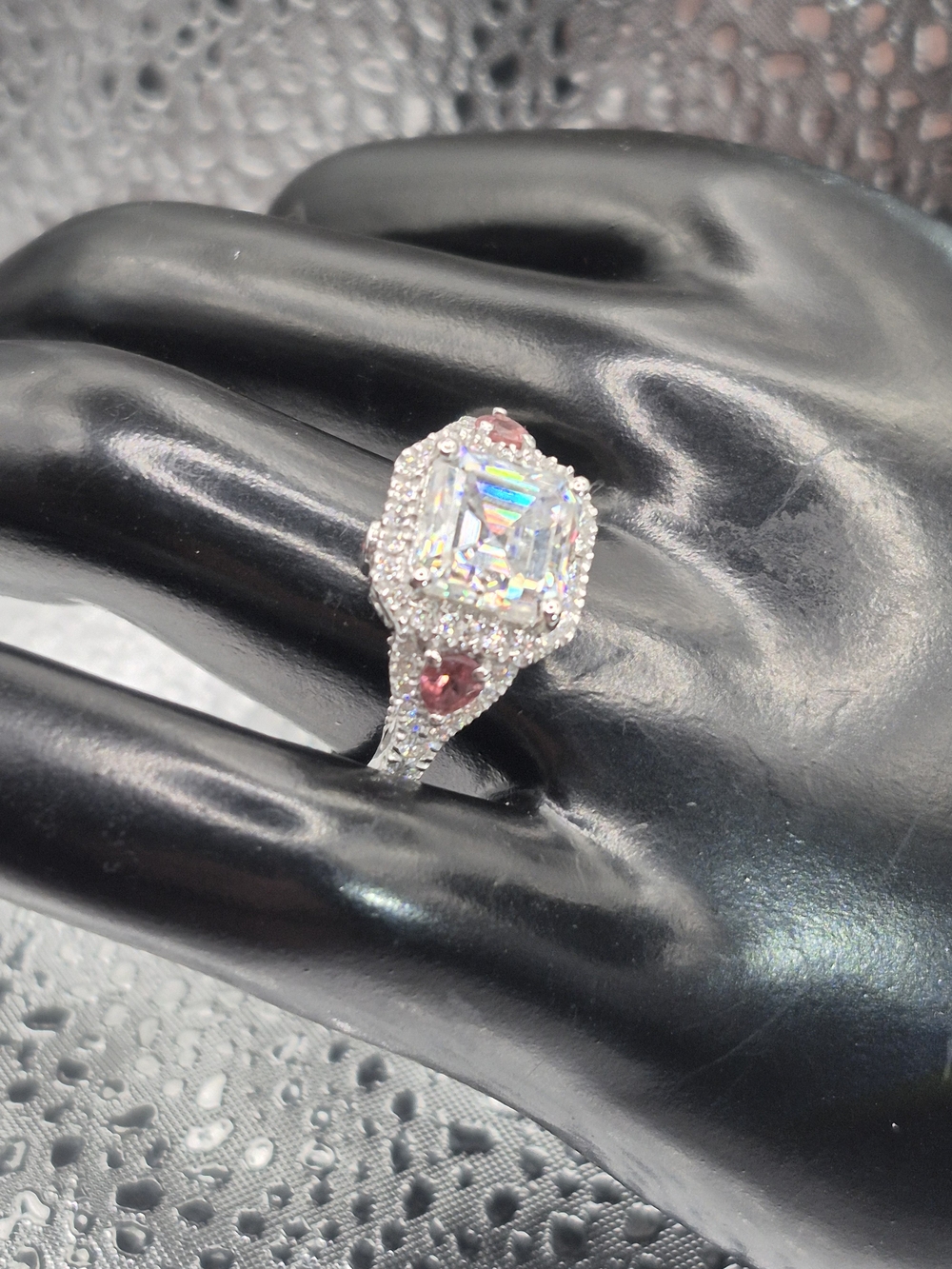 Gorgeous Asscher Cut Moissanite Center Stone With Oro Fino Rubellite